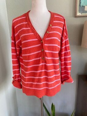 LOFT Striped Roll Tab Henley Sweater Coral Pink Size M beachcore, palmspringcore